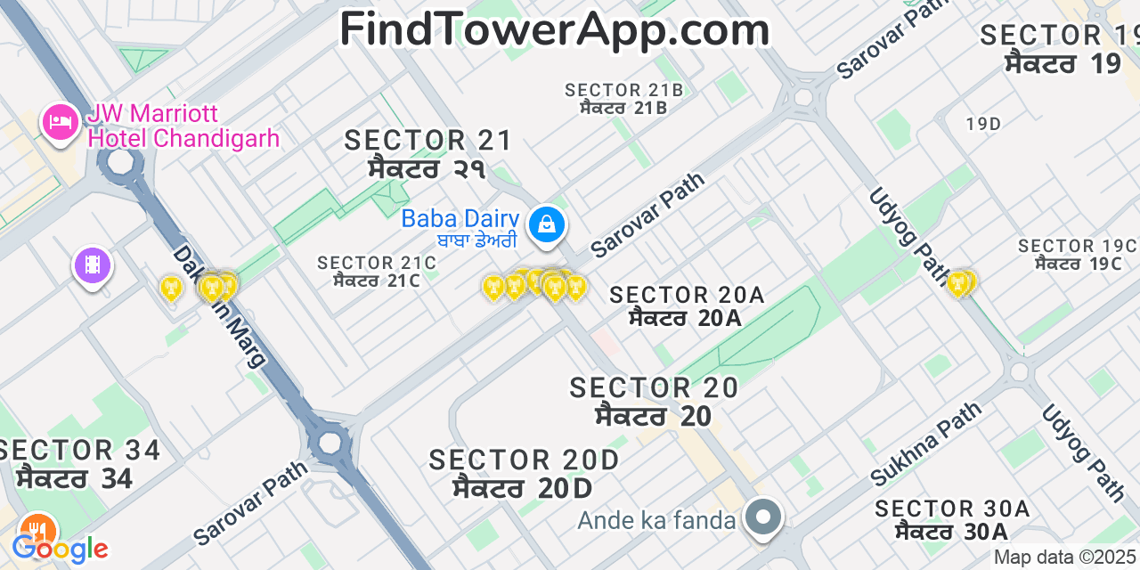 Map showing the 20 primary cell tower locations detected in Chandigarh, India with coverage areas and signal strength