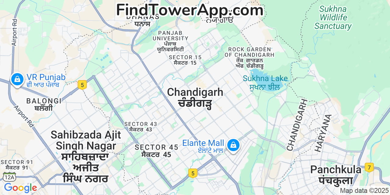 Map showing the 0 primary Tamil-Nadu-including-Chennai cell tower locations detected in Chandigarh, India with coverage radius and signal strength indicators