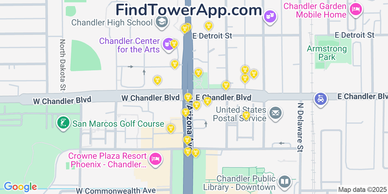 Map showing the 20 primary cell tower locations detected in Chandler, Arizona from AT&T, Verizon, and T-Mobile networks