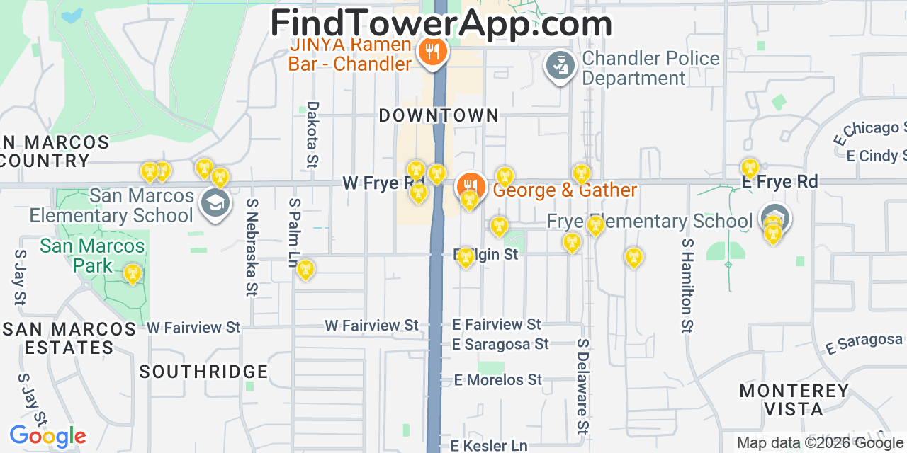 Map showing the 20 primary cell tower locations detected in Chandler, Arizona from AT&T, Verizon, and T-Mobile networks