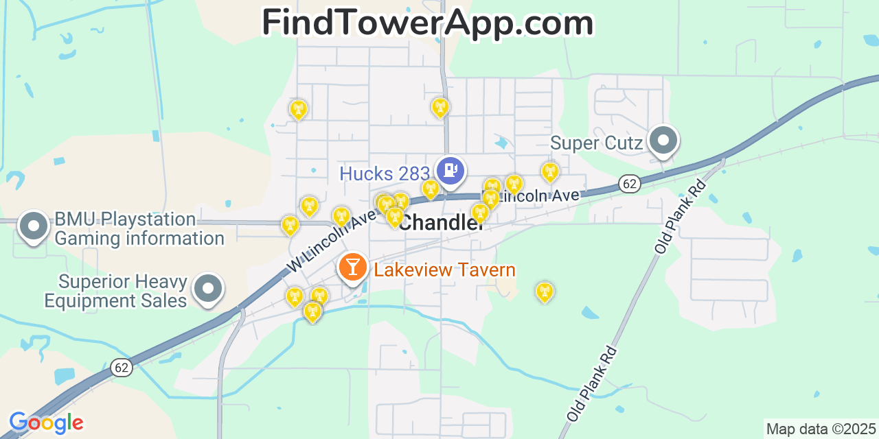 Map showing the 20 primary cell tower locations detected in Chandler, Indiana from AT&T, Verizon, and T-Mobile networks