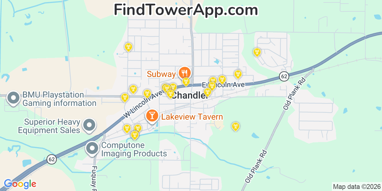 Map showing the 20 primary cell tower locations detected in Chandler, Indiana from AT&T, Verizon, and T-Mobile networks