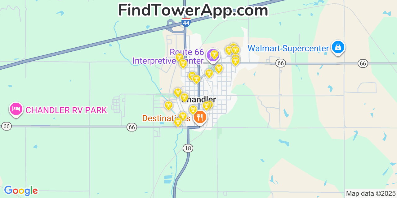 Map showing the 20 primary cell tower locations detected in Chandler, Oklahoma from AT&T, Verizon, and T-Mobile networks