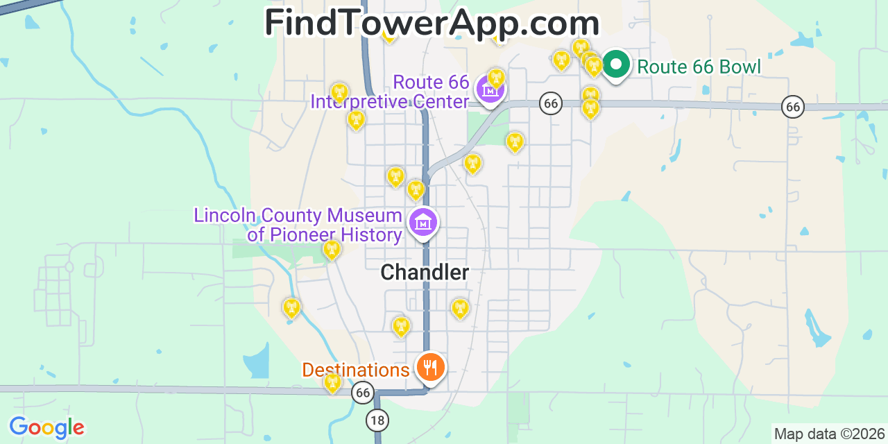 Map showing the 20 primary cell tower locations detected in Chandler, Oklahoma from AT&T, Verizon, and T-Mobile networks