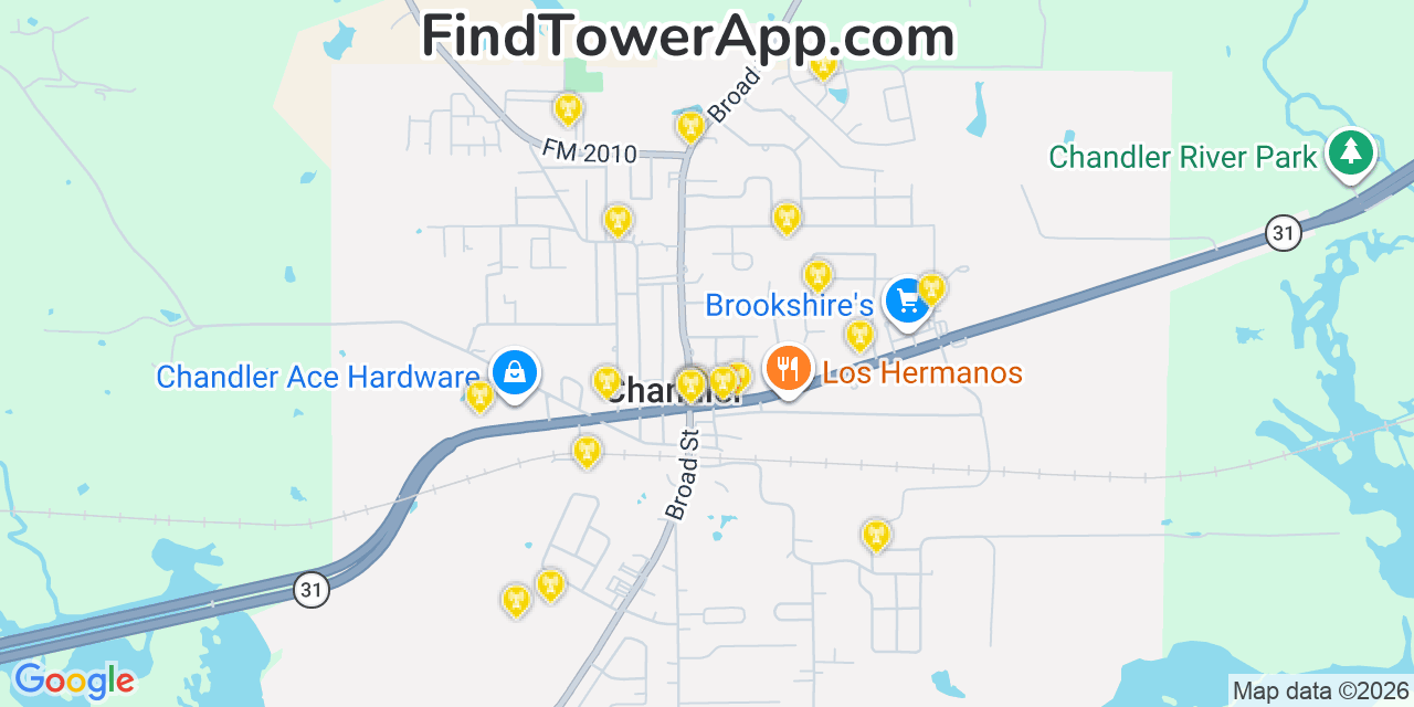 Map showing the 20 primary cell tower locations detected in Chandler, Texas from AT&T, Verizon, and T-Mobile networks