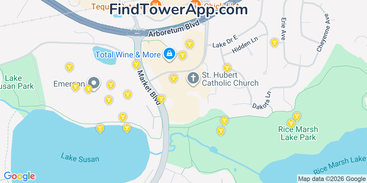 Map showing the 20 primary cell tower locations detected in Chanhassen, Minnesota from AT&T, Verizon, and T-Mobile networks