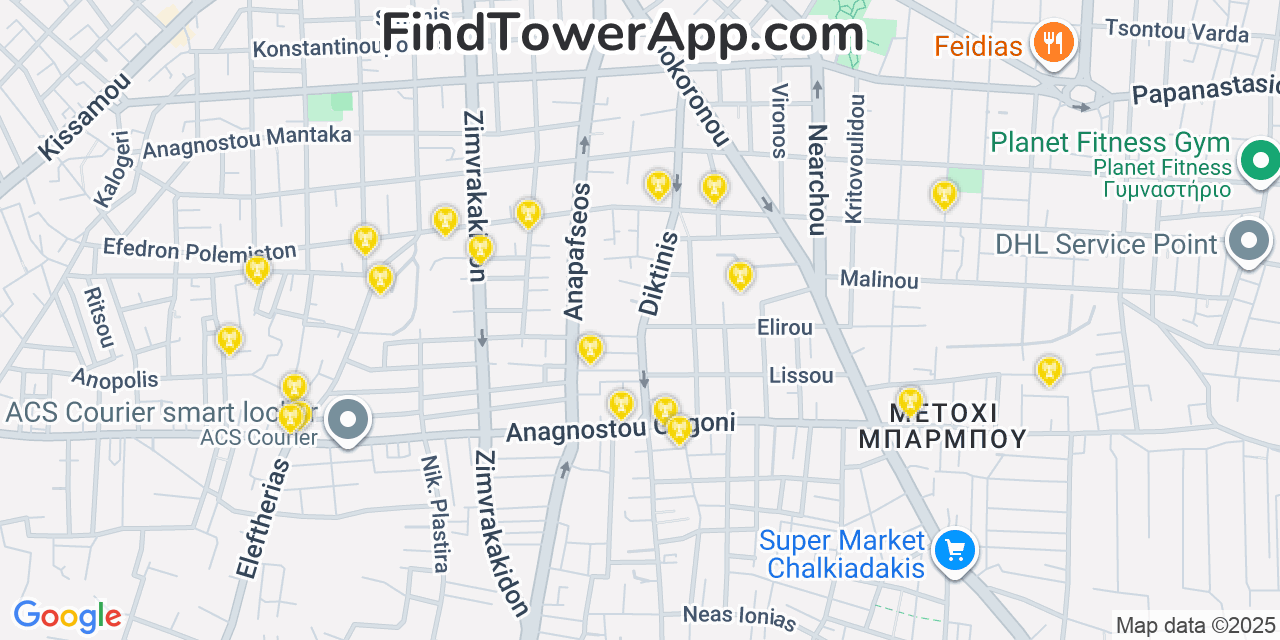 Map showing the 20 primary cell tower locations detected in Chania, Greece with coverage areas and signal strength