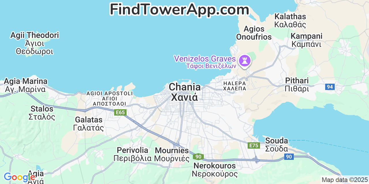 Map showing the 0 primary Vodafone cell tower locations detected in Chania, Greece with coverage radius and signal strength indicators