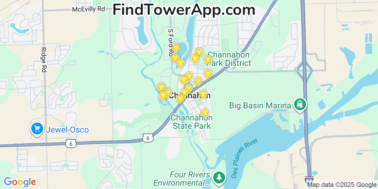 Map showing the 20 primary cell tower locations detected in Channahon, Illinois from AT&T, Verizon, and T-Mobile networks