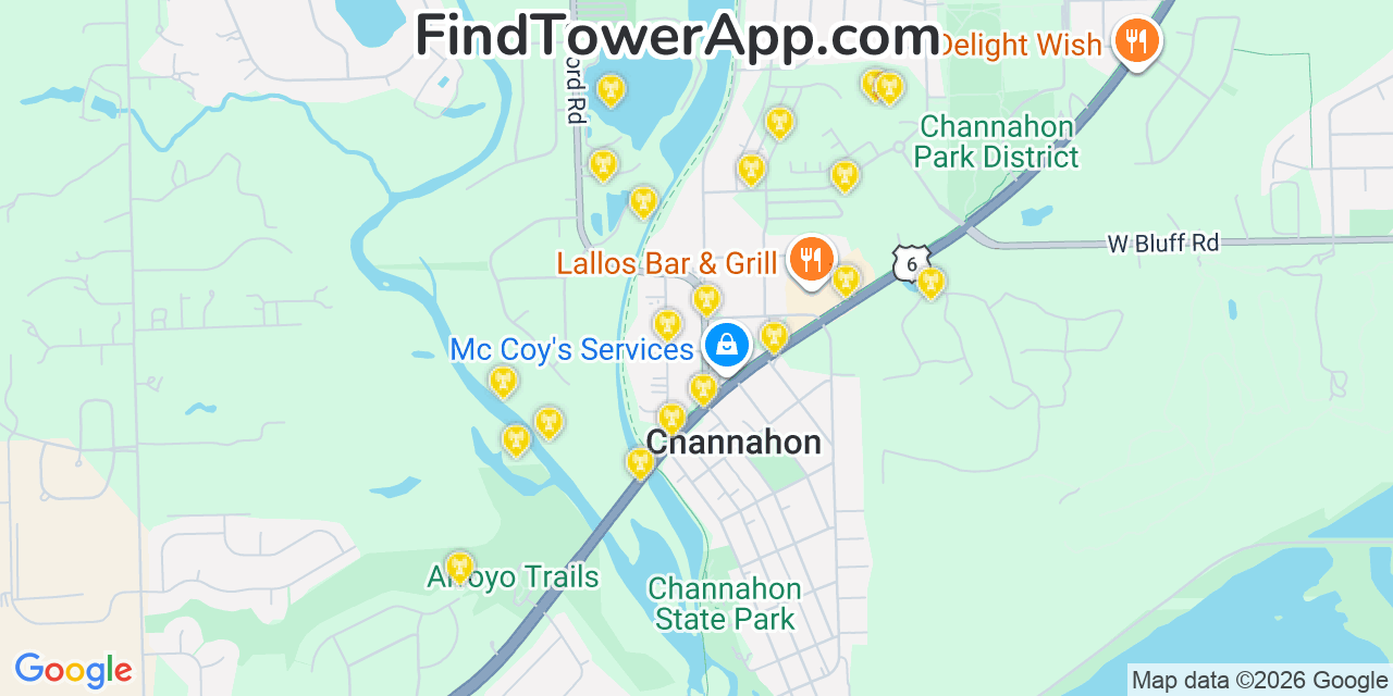 Map showing the 20 primary cell tower locations detected in Channahon, Illinois from AT&T, Verizon, and T-Mobile networks