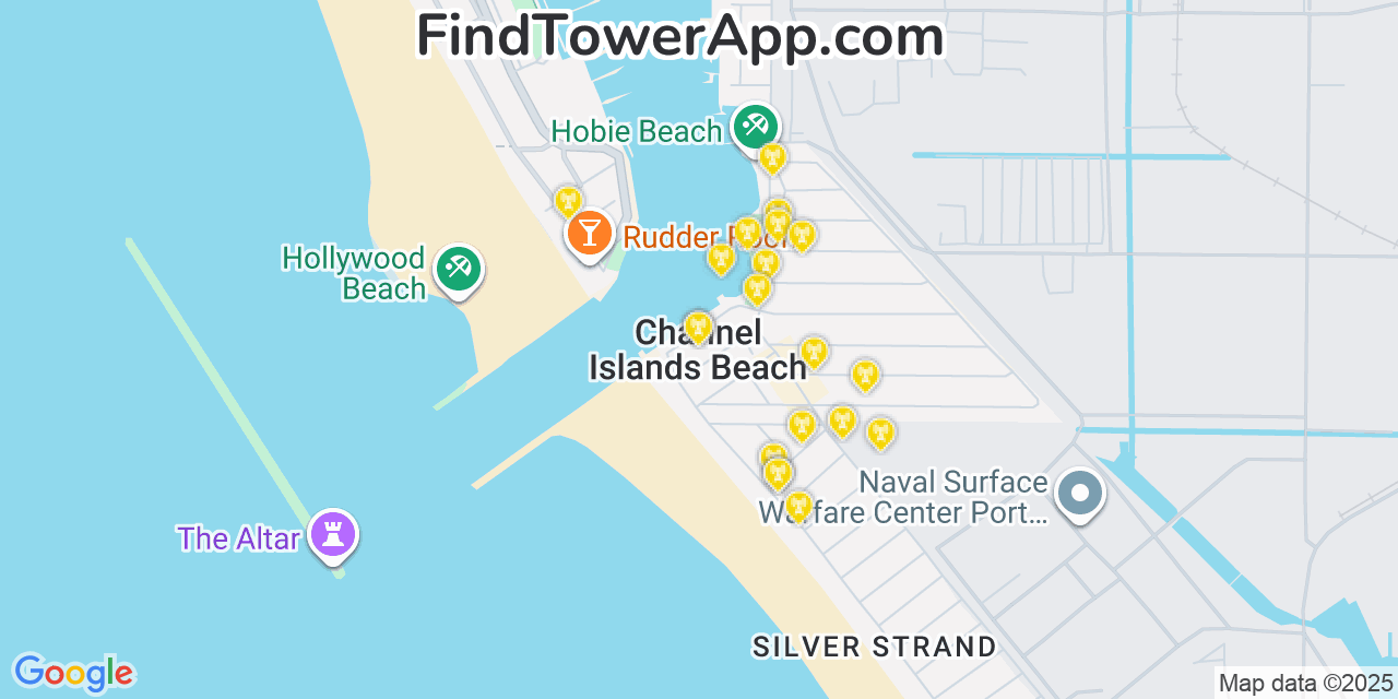 Map showing the 20 primary cell tower locations detected in Channel Islands Beach, California from AT&T, Verizon, and T-Mobile networks