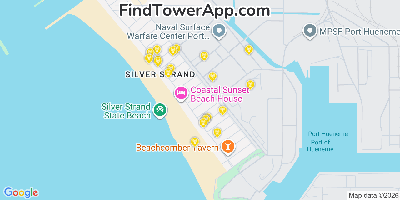 Map showing the 20 primary cell tower locations detected in Channel Islands Beach, California from AT&T, Verizon, and T-Mobile networks