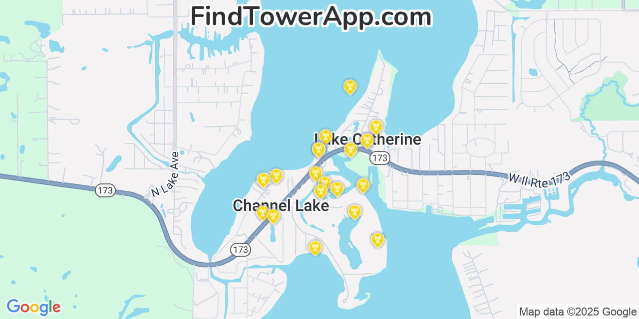 Map showing the 20 primary cell tower locations detected in Channel Lake, Illinois from AT&T, Verizon, and T-Mobile networks
