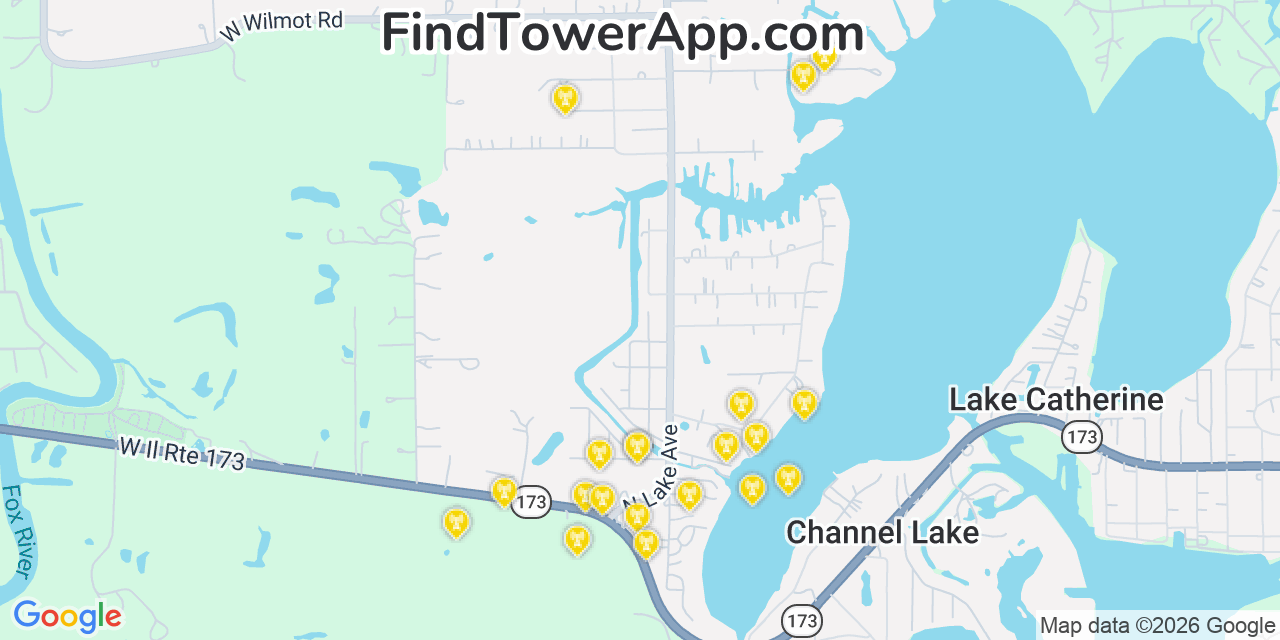Map showing the 20 primary cell tower locations detected in Channel Lake, Illinois from AT&T, Verizon, and T-Mobile networks