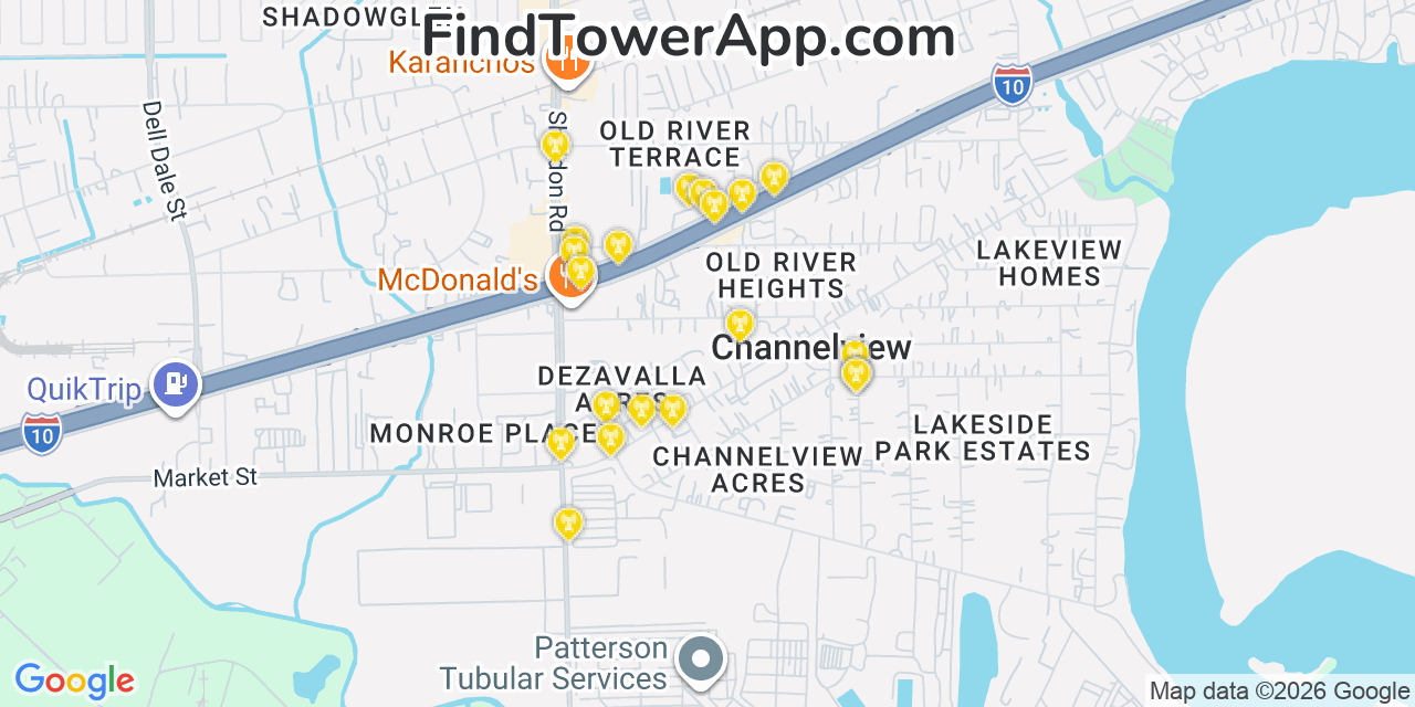 Map showing the 20 primary cell tower locations detected in Channelview, Texas from AT&T, Verizon, and T-Mobile networks