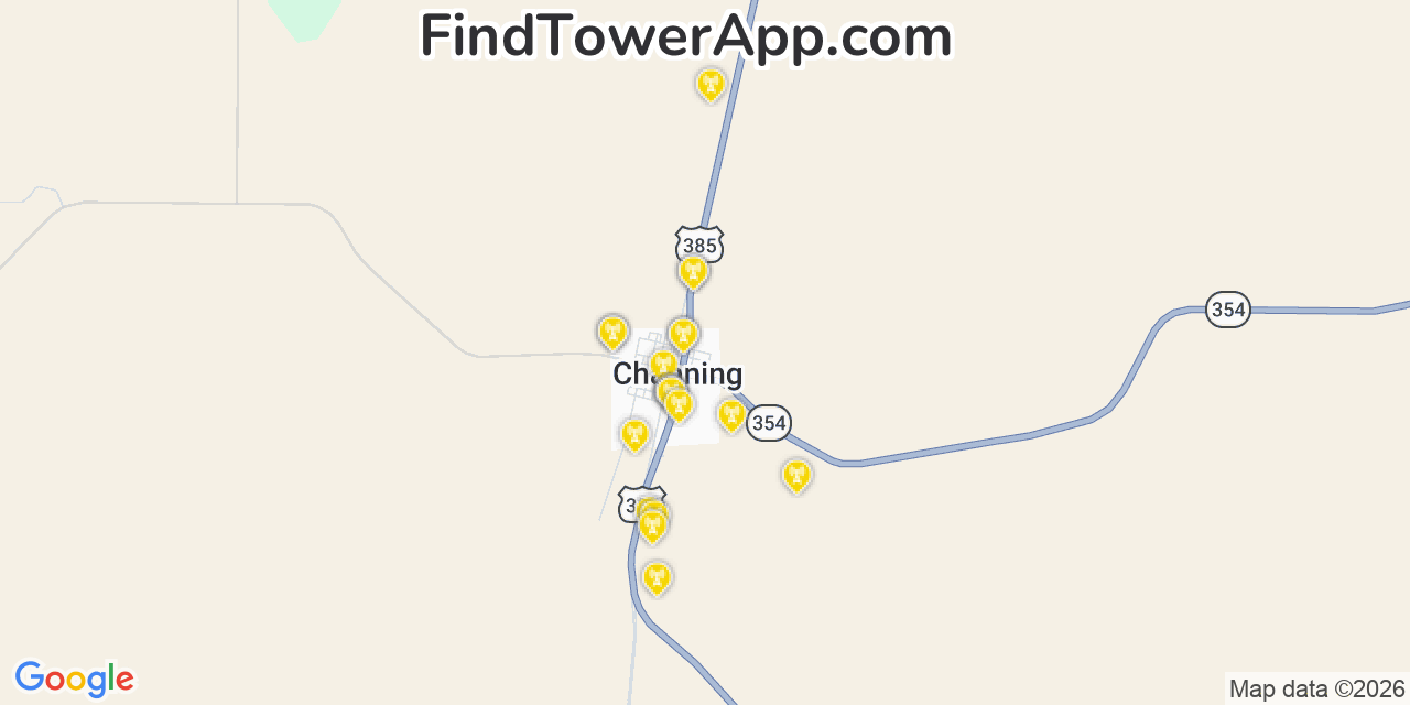 Map showing the 20 primary cell tower locations detected in Channing, Texas from AT&T, Verizon, and T-Mobile networks