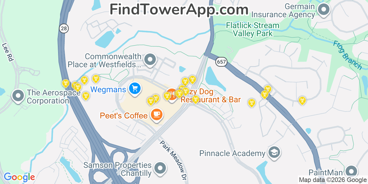 Map showing the 20 primary cell tower locations detected in Chantilly, Virginia from AT&T, Verizon, and T-Mobile networks