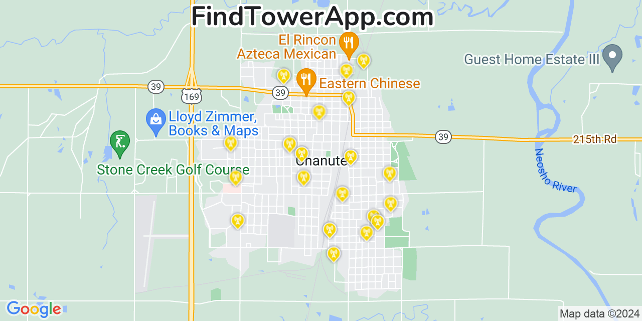 AT&T 4G/5G cell tower coverage map Chanute, Kansas