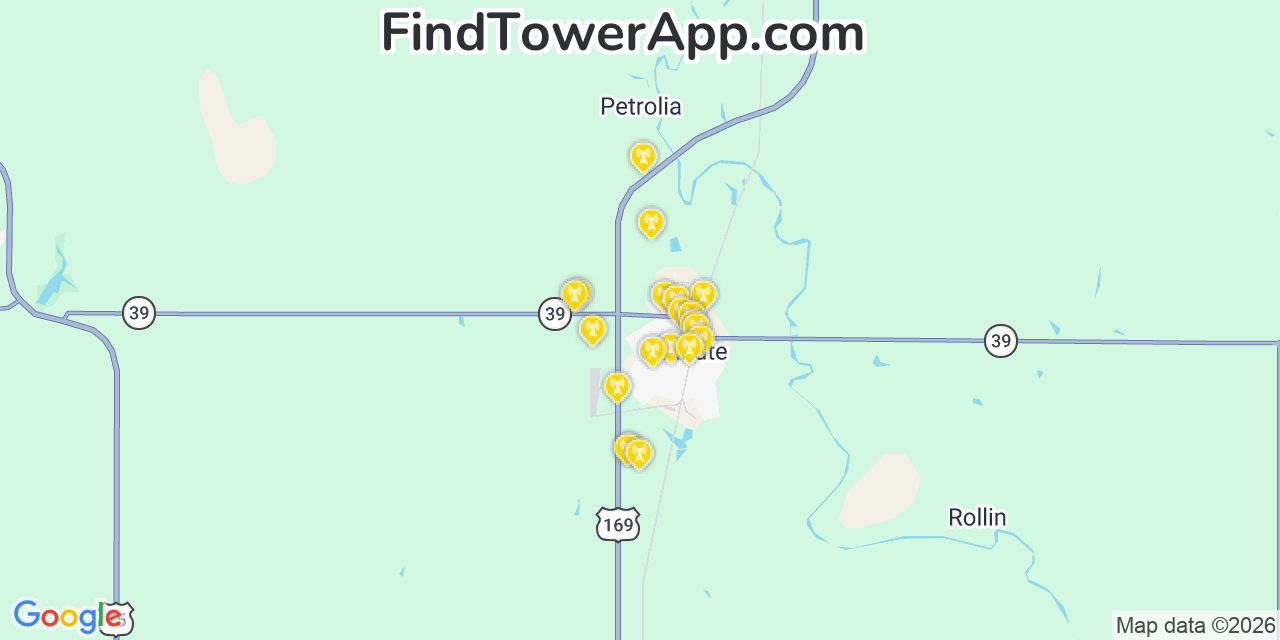 Map showing the 20 primary cell tower locations detected in Chanute, Kansas from AT&T, Verizon, and T-Mobile networks
