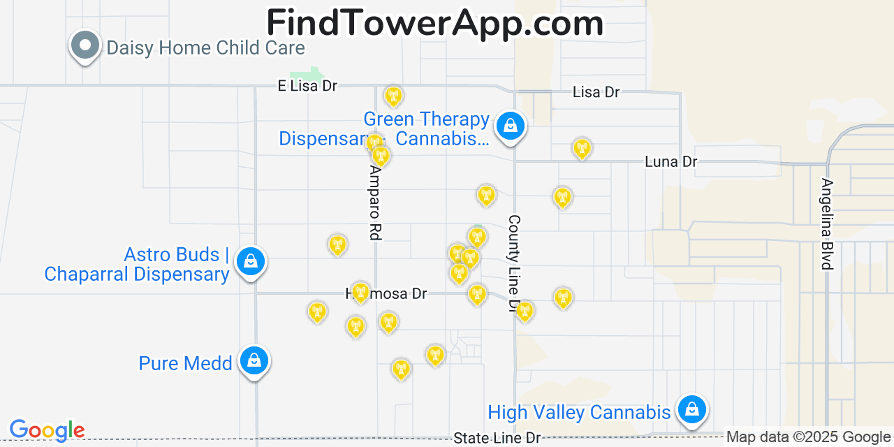 Map showing the 20 primary cell tower locations detected in Chaparral, New Mexico from AT&T, Verizon, and T-Mobile networks