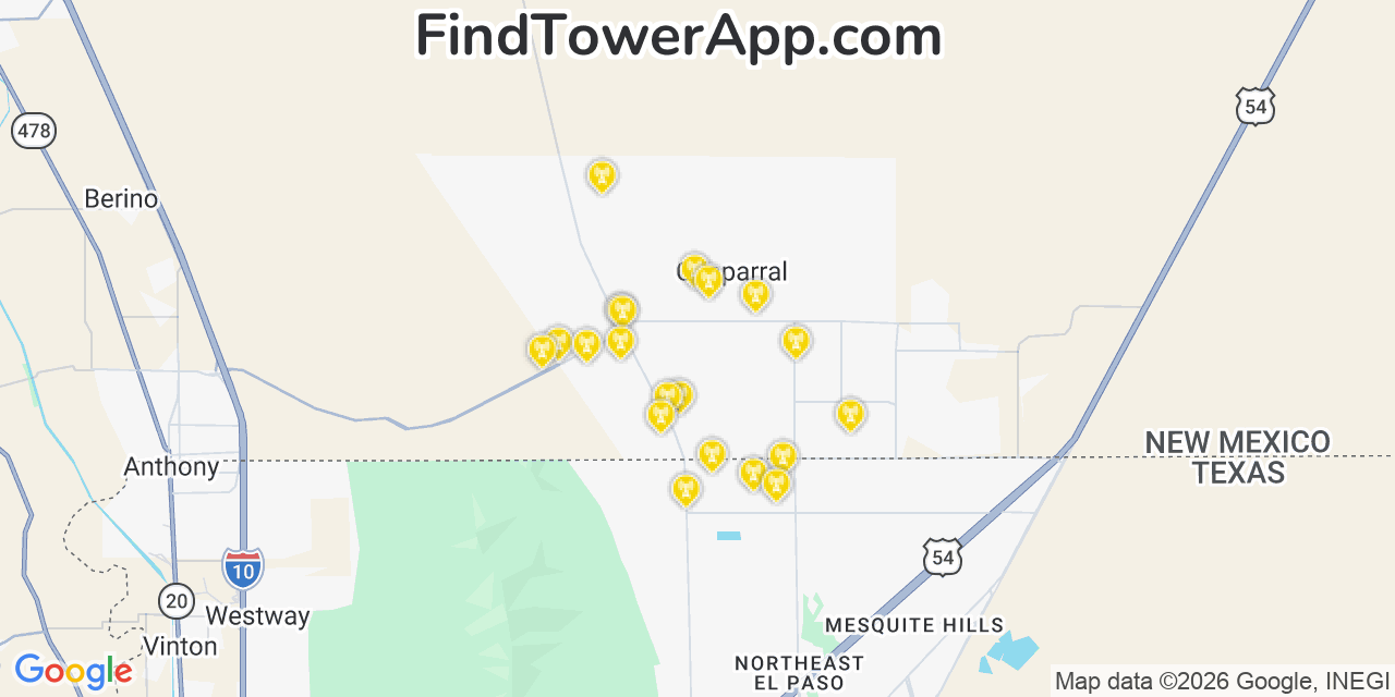 Map showing the 20 primary cell tower locations detected in Chaparral, New Mexico from AT&T, Verizon, and T-Mobile networks