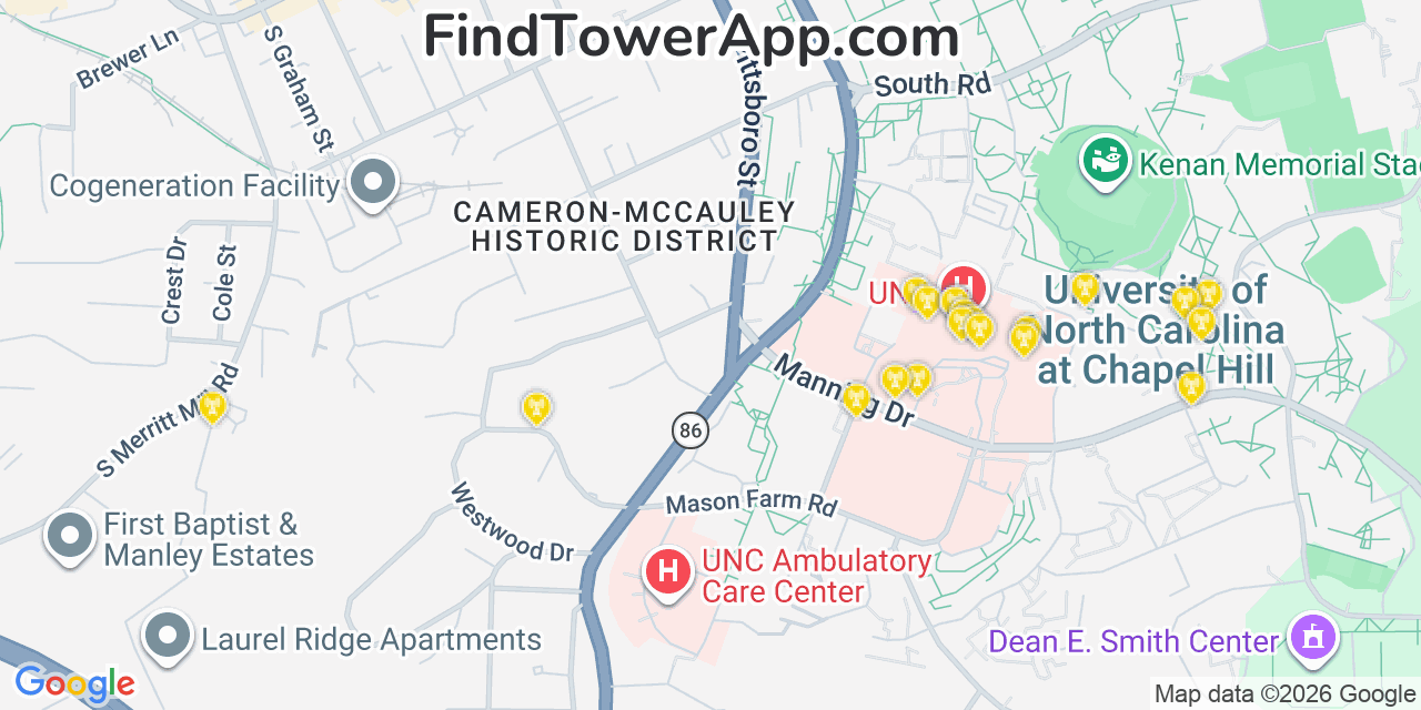 Map showing the 20 primary cell tower locations detected in Chapel Hill, North Carolina from AT&T, Verizon, and T-Mobile networks