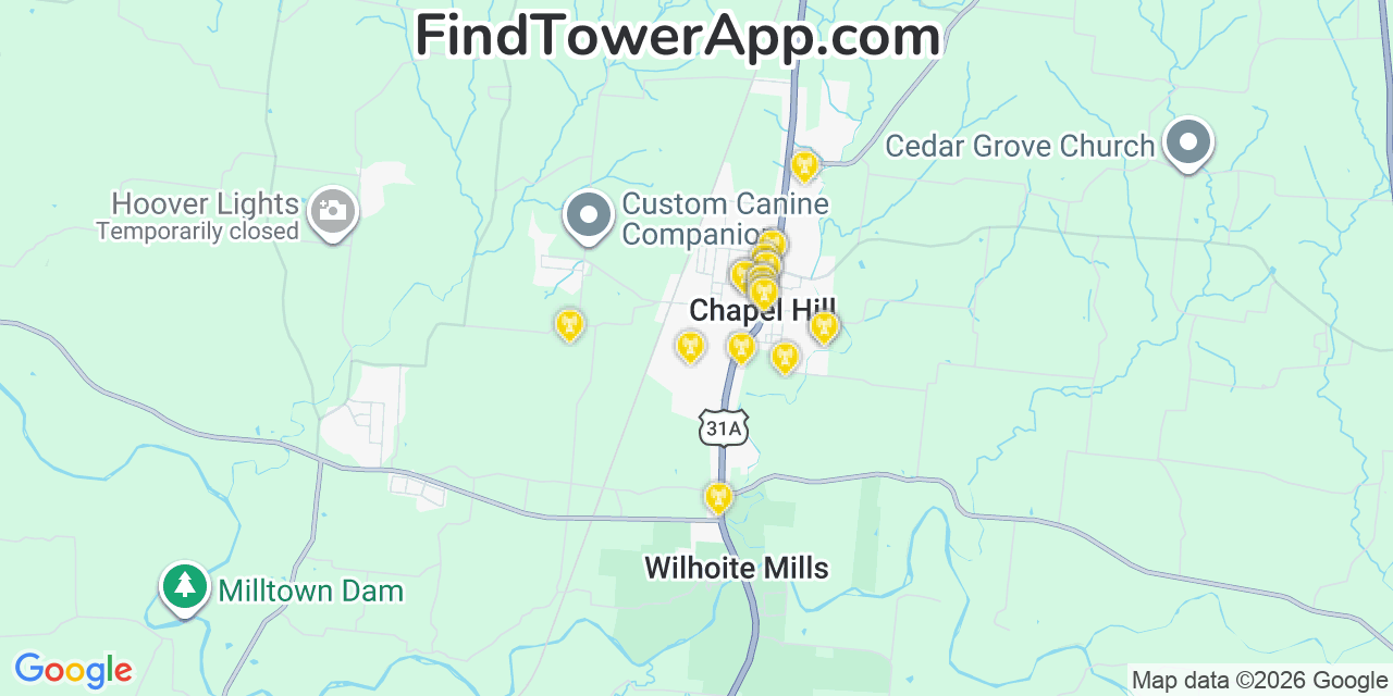 Map showing the 20 primary cell tower locations detected in Chapel Hill, Tennessee from AT&T, Verizon, and T-Mobile networks
