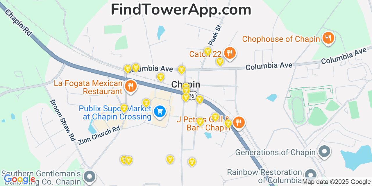Map showing the 20 primary cell tower locations detected in Chapin, South Carolina from AT&T, Verizon, and T-Mobile networks