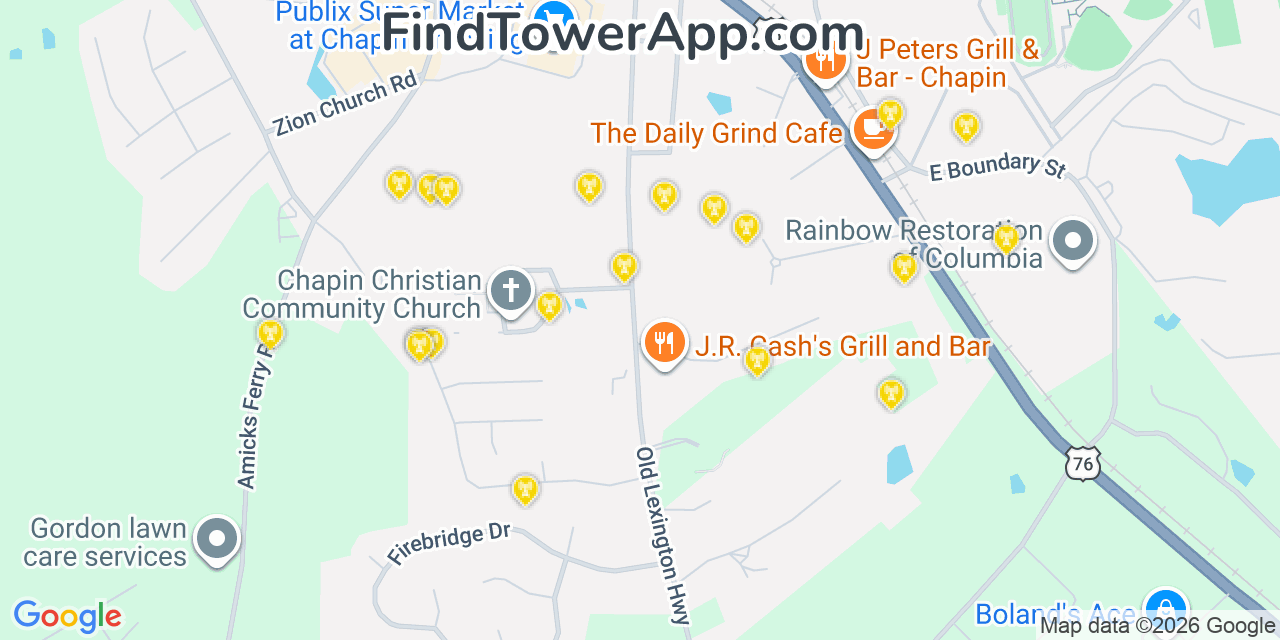 Map showing the 20 primary cell tower locations detected in Chapin, South Carolina from AT&T, Verizon, and T-Mobile networks