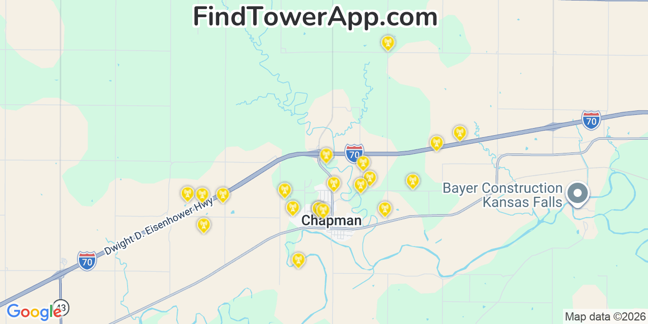 Map showing the 20 primary cell tower locations detected in Chapman, Kansas from AT&T, Verizon, and T-Mobile networks