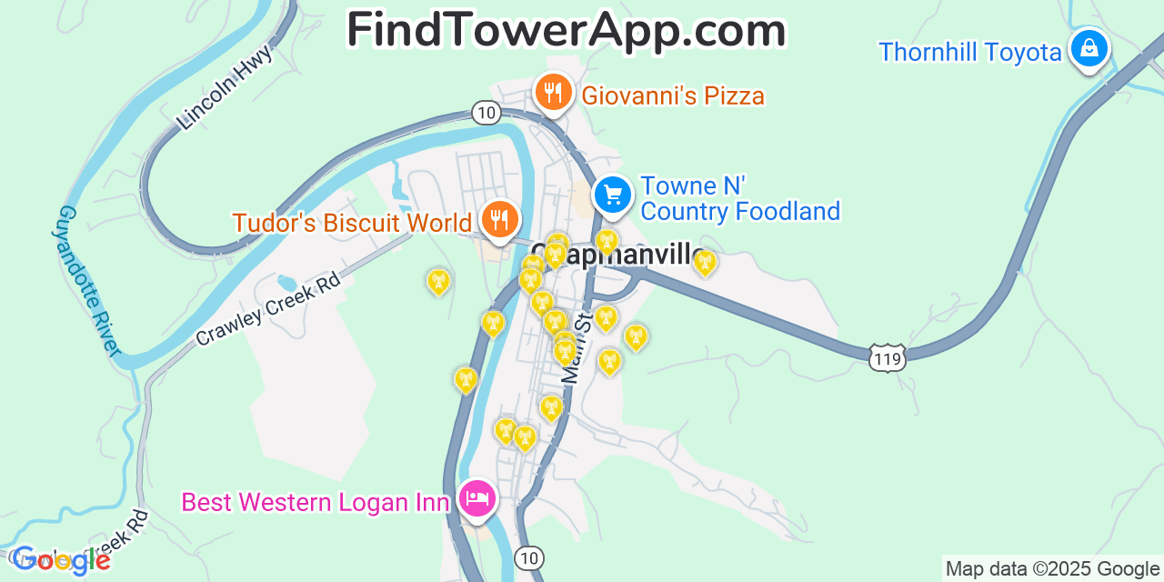 Map showing the 20 primary cell tower locations detected in Chapmanville, West Virginia from AT&T, Verizon, and T-Mobile networks