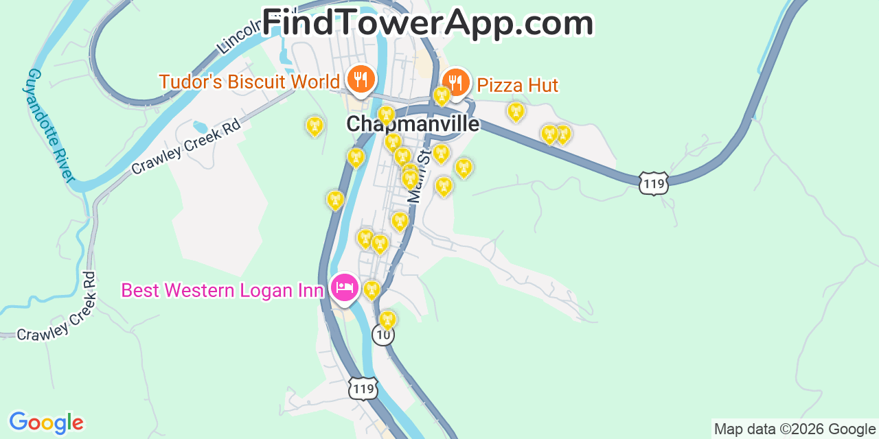 Map showing the 20 primary cell tower locations detected in Chapmanville, West Virginia from AT&T, Verizon, and T-Mobile networks