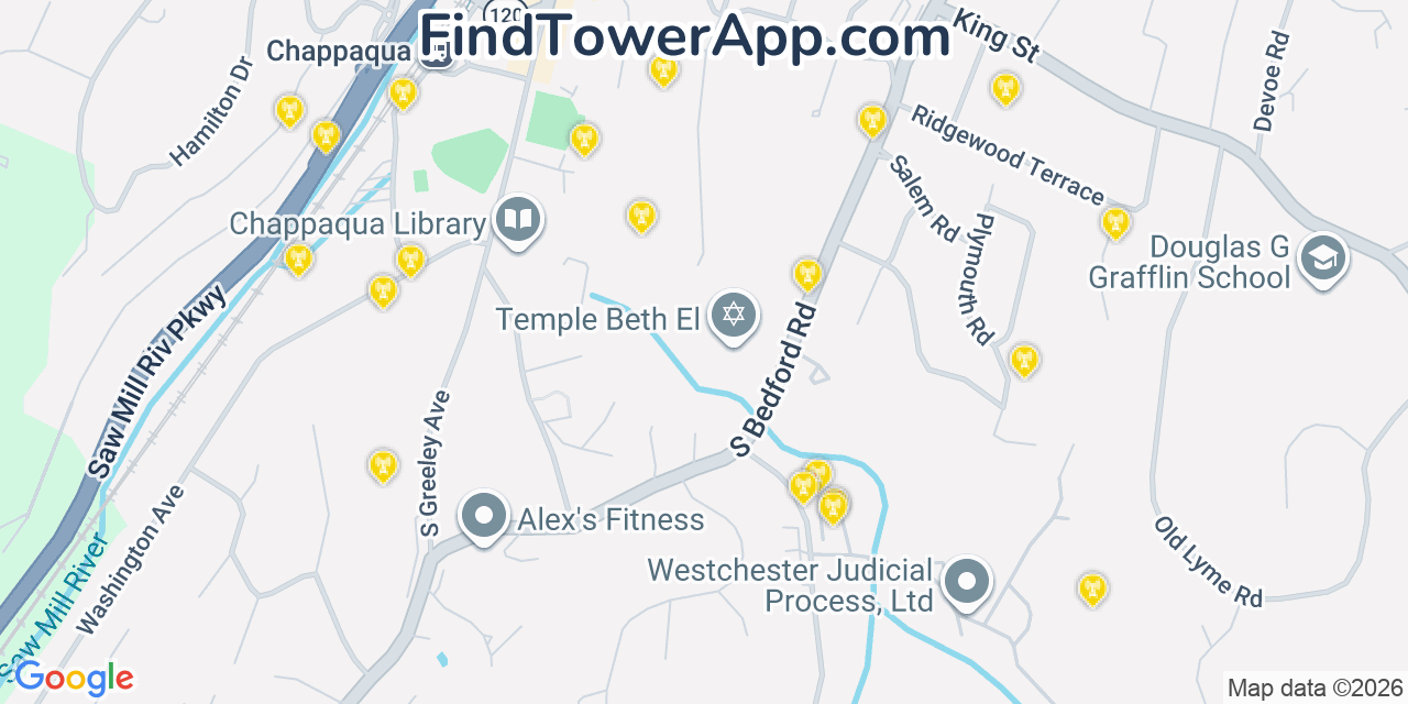 Map showing the 20 primary cell tower locations detected in Chappaqua, New York from AT&T, Verizon, and T-Mobile networks