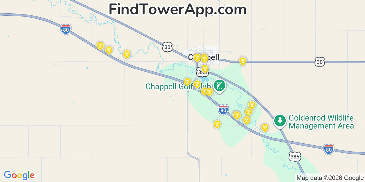 Map showing the 20 primary cell tower locations detected in Chappell, Nebraska from AT&T, Verizon, and T-Mobile networks
