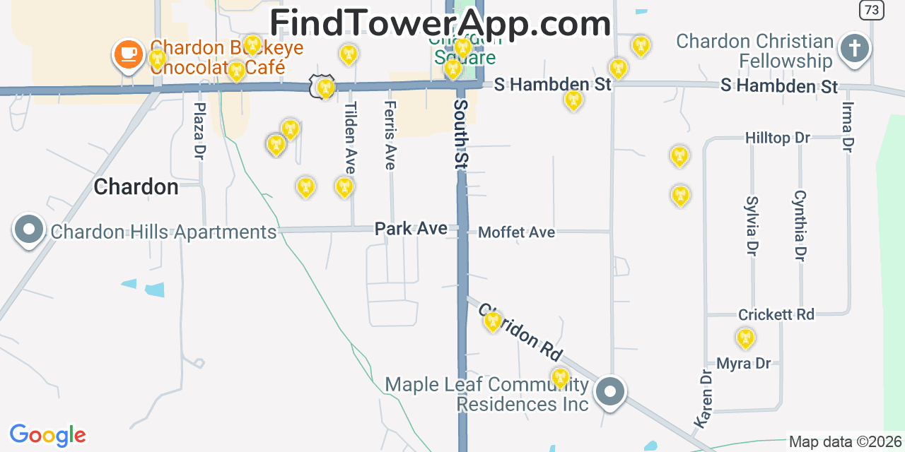 Map showing the 20 primary cell tower locations detected in Chardon, Ohio from AT&T, Verizon, and T-Mobile networks