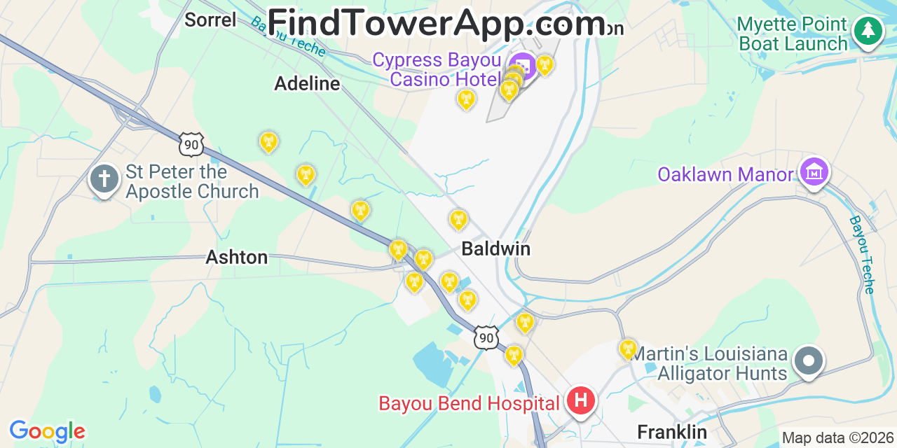 Map showing the 20 primary cell tower locations detected in Charenton, Louisiana from AT&T, Verizon, and T-Mobile networks