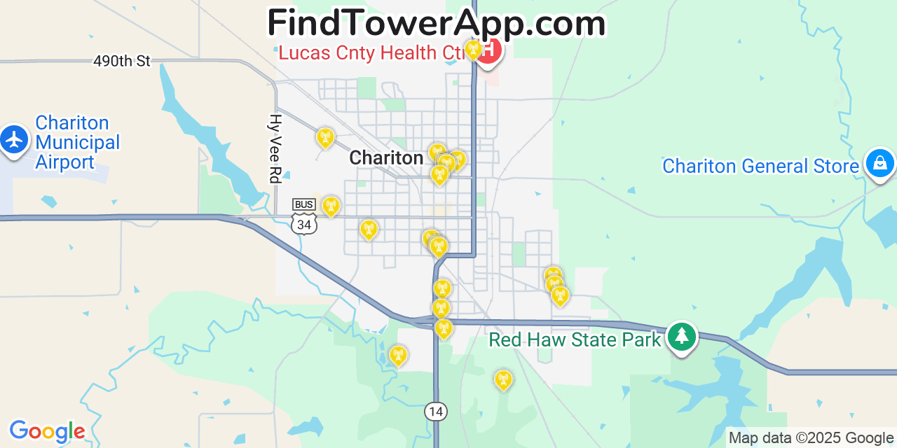 Map showing the 20 primary cell tower locations detected in Chariton, Iowa from AT&T, Verizon, and T-Mobile networks