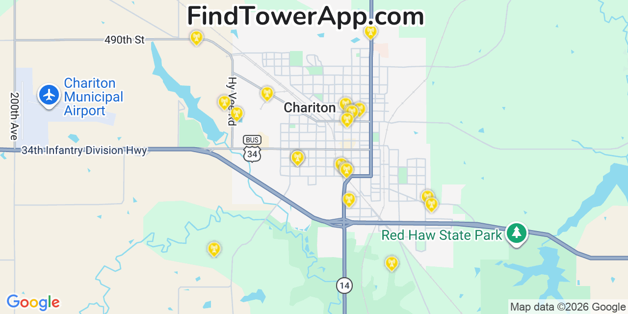 Map showing the 20 primary cell tower locations detected in Chariton, Iowa from AT&T, Verizon, and T-Mobile networks
