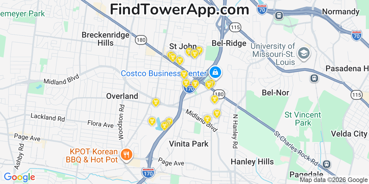 Map showing the 20 primary cell tower locations detected in Charlack, Missouri from AT&T, Verizon, and T-Mobile networks