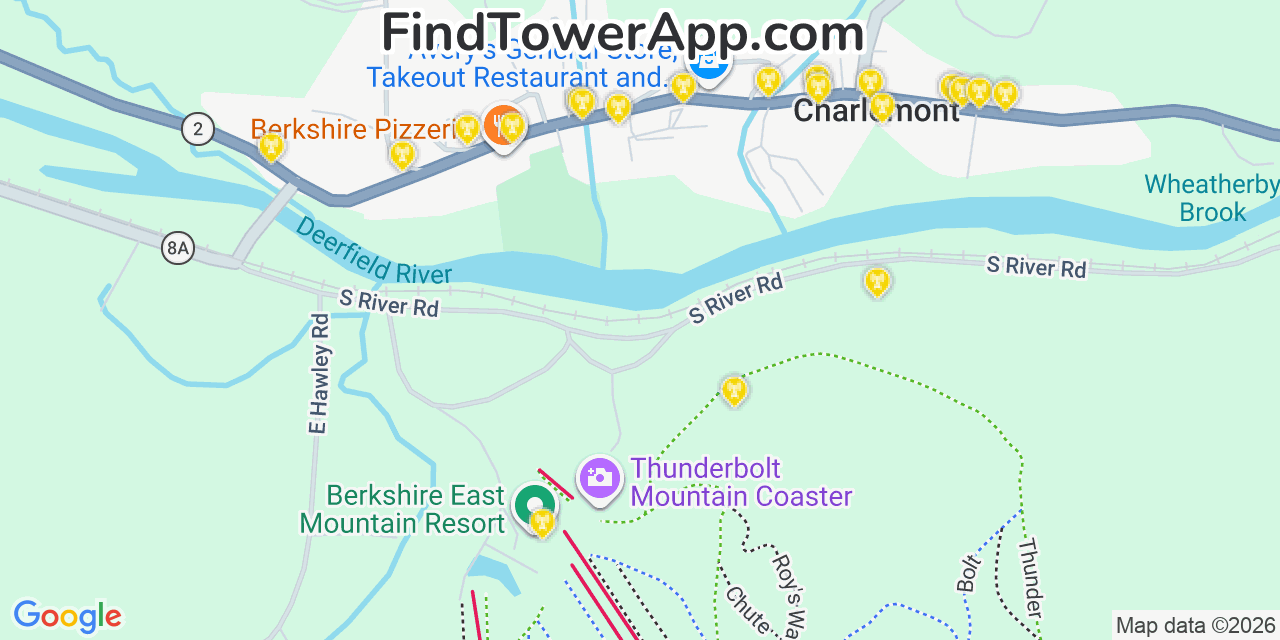 Map showing the 20 primary cell tower locations detected in Charlemont, Massachusetts from AT&T, Verizon, and T-Mobile networks