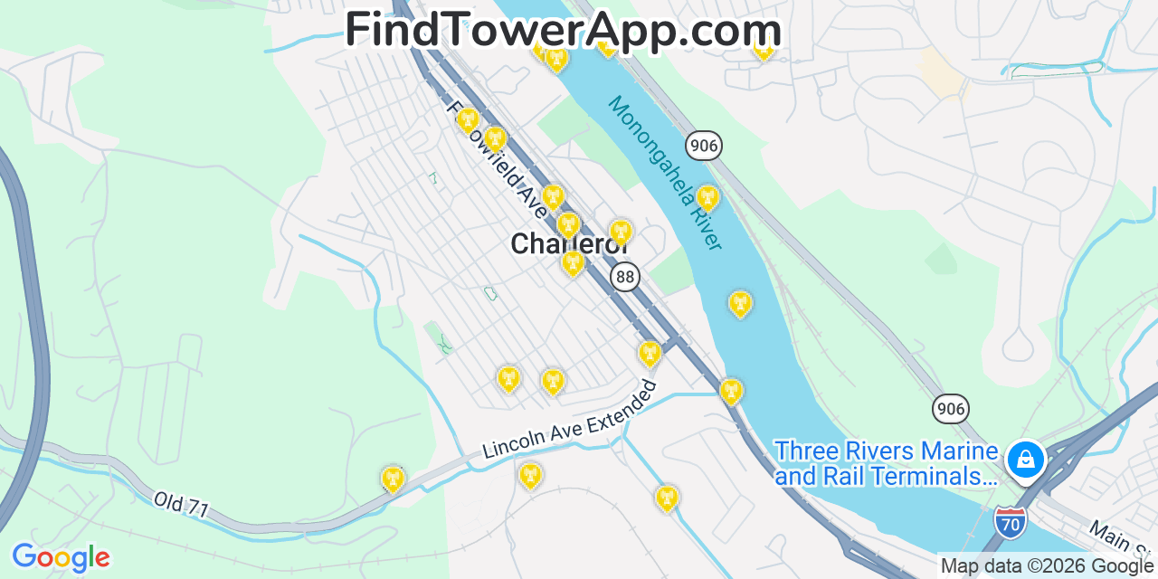 Map showing the 20 primary cell tower locations detected in Charleroi, Pennsylvania from AT&T, Verizon, and T-Mobile networks