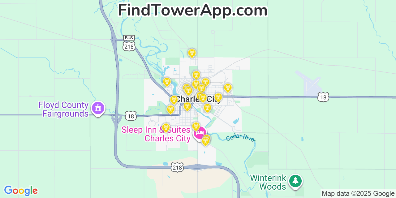 Map showing the 20 primary cell tower locations detected in Charles City, Iowa from AT&T, Verizon, and T-Mobile networks