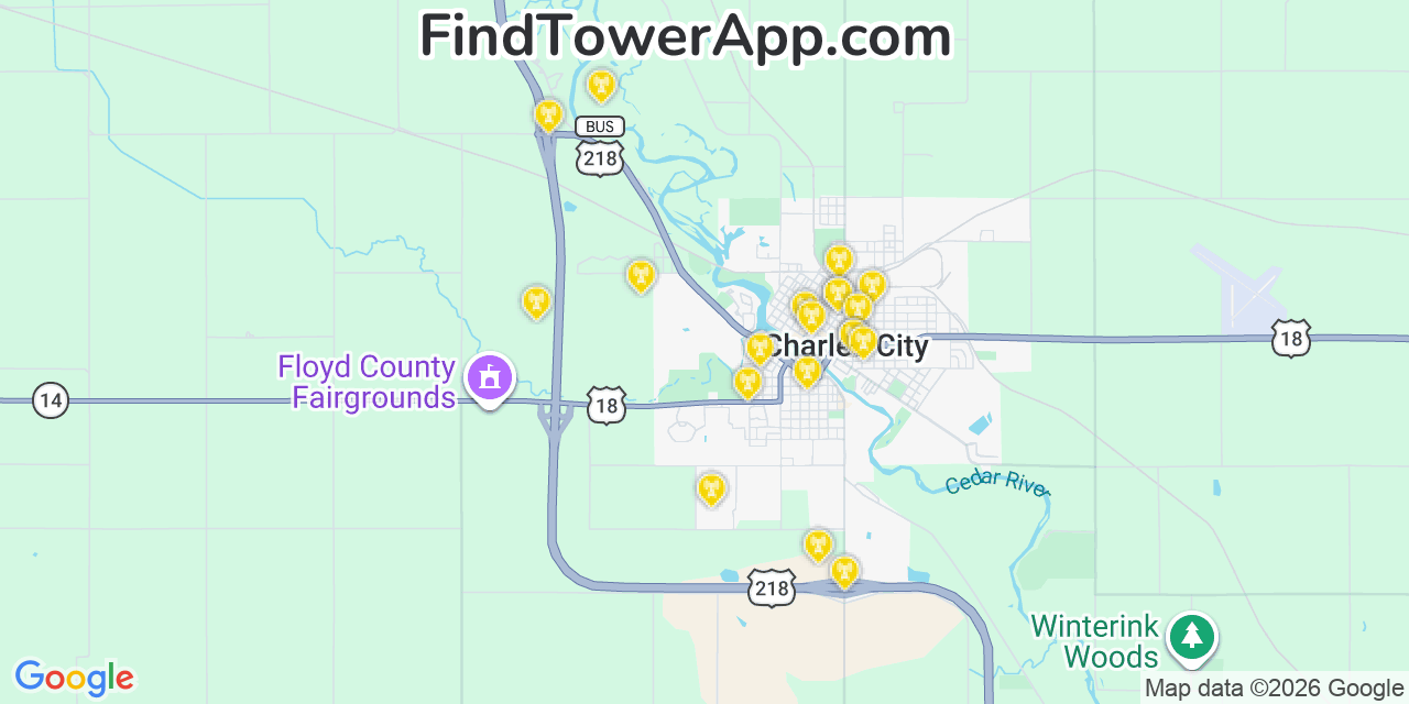 Map showing the 20 primary cell tower locations detected in Charles City, Iowa from AT&T, Verizon, and T-Mobile networks