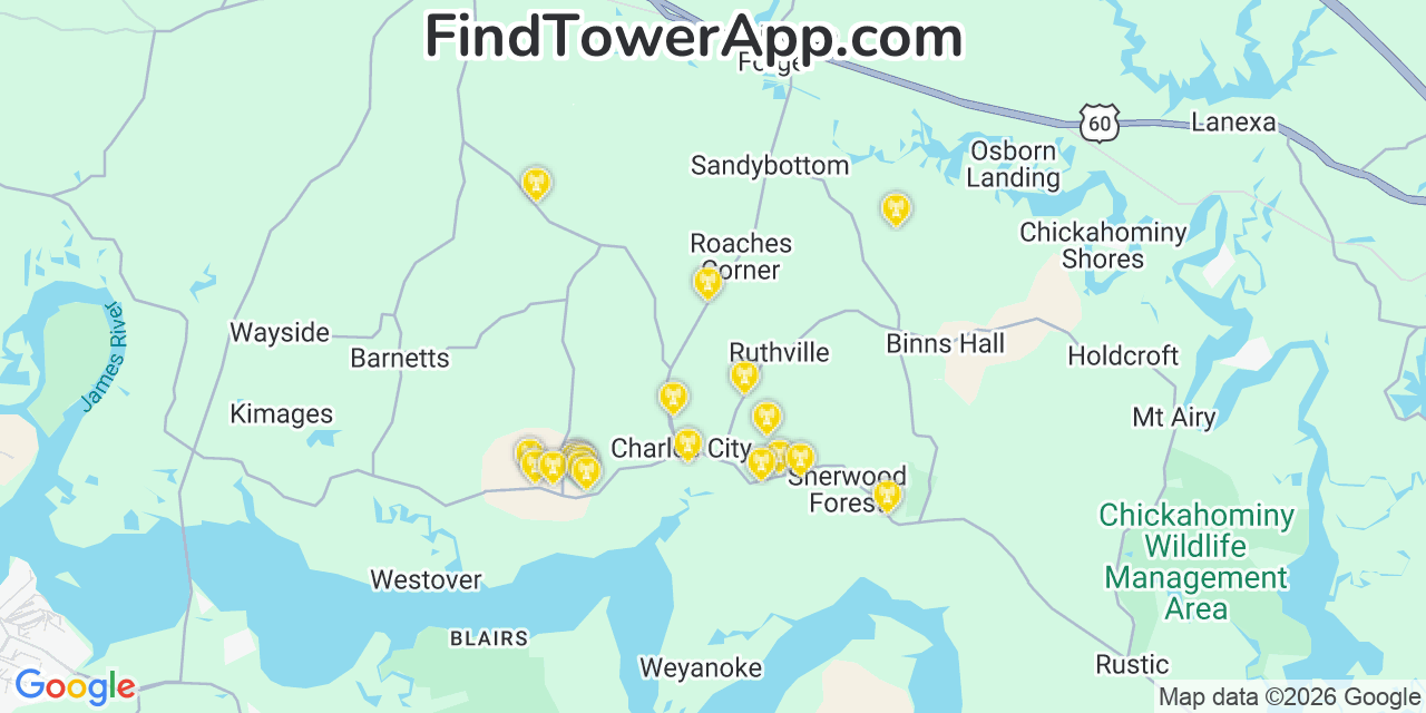 Map showing the 20 primary cell tower locations detected in Charles City, Virginia from AT&T, Verizon, and T-Mobile networks