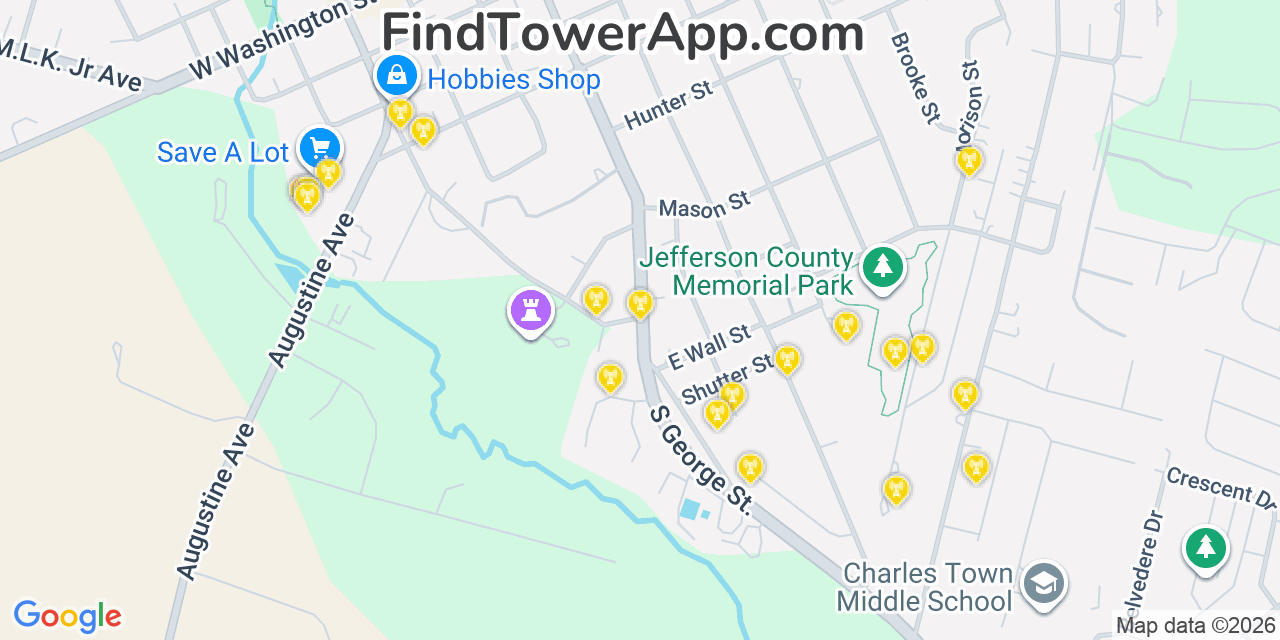 Map showing the 20 primary cell tower locations detected in Charles Town, West Virginia from AT&T, Verizon, and T-Mobile networks
