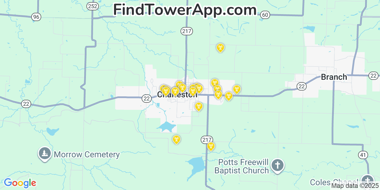 Map showing the 20 primary cell tower locations detected in Charleston, Arkansas from AT&T, Verizon, and T-Mobile networks