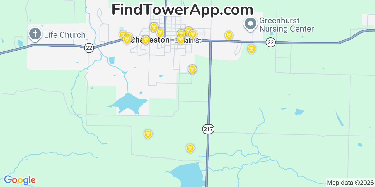 Map showing the 20 primary cell tower locations detected in Charleston, Arkansas from AT&T, Verizon, and T-Mobile networks