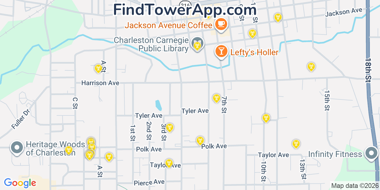 Map showing the 20 primary cell tower locations detected in Charleston, Illinois from AT&T, Verizon, and T-Mobile networks