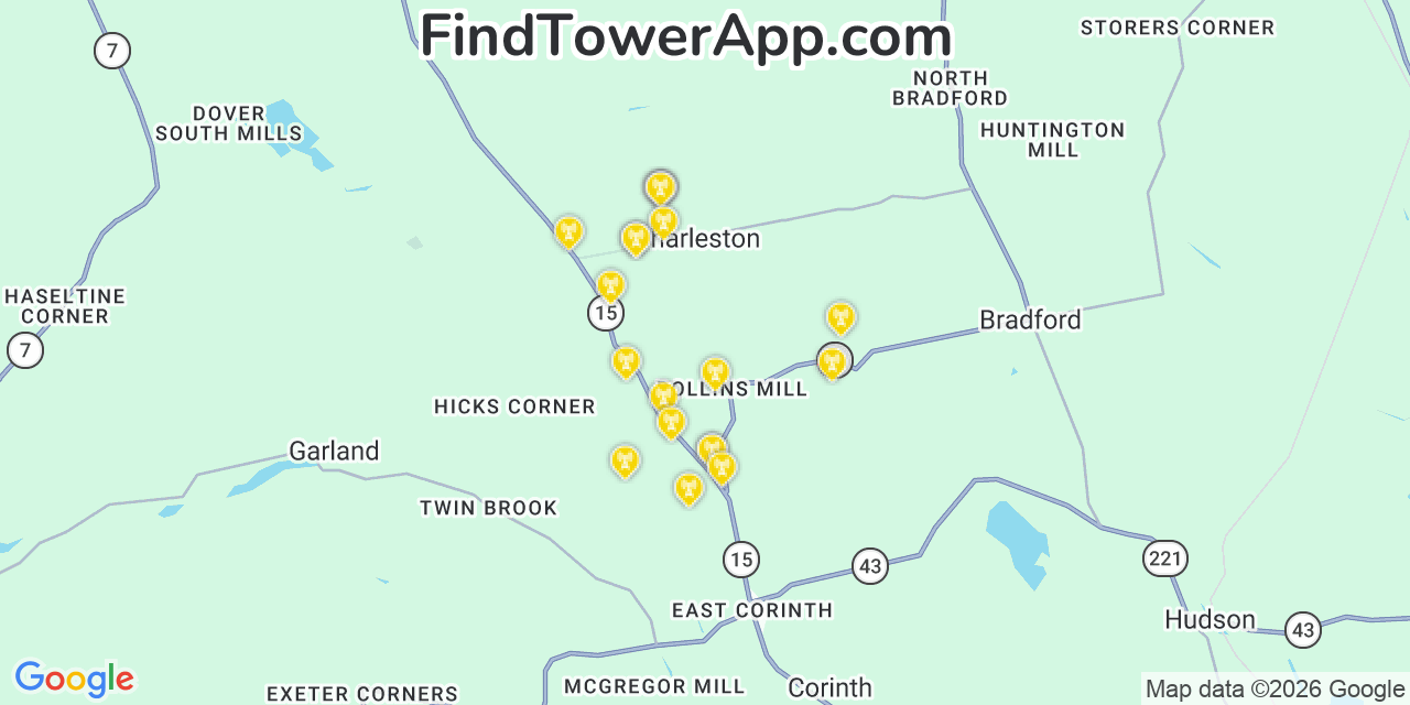 Map showing the 20 primary cell tower locations detected in Charleston, Maine from AT&T, Verizon, and T-Mobile networks