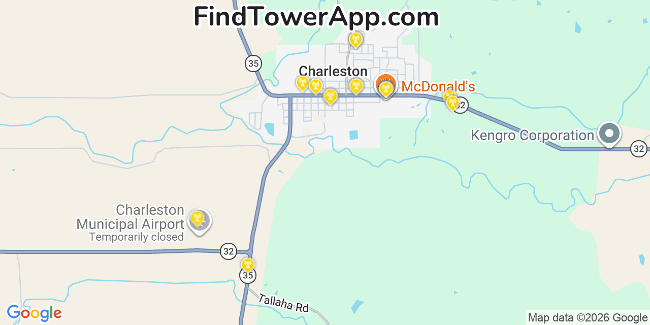 Map showing the 20 primary cell tower locations detected in Charleston, Mississippi from AT&T, Verizon, and T-Mobile networks